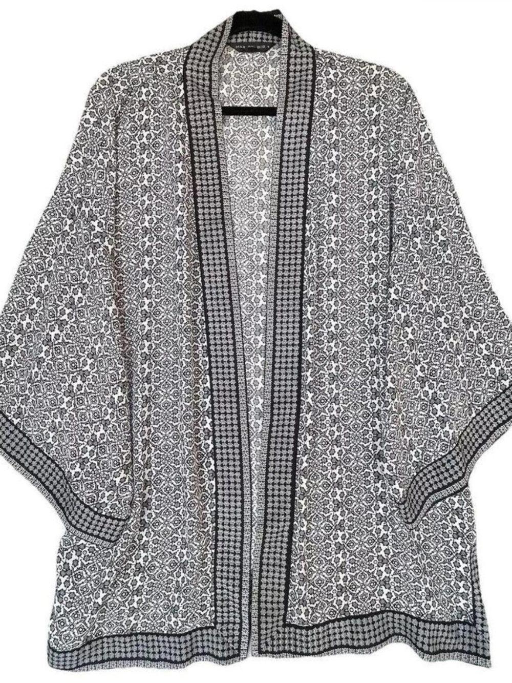 Max Studio Black and White Open-Front Printed Kimono Cardigan